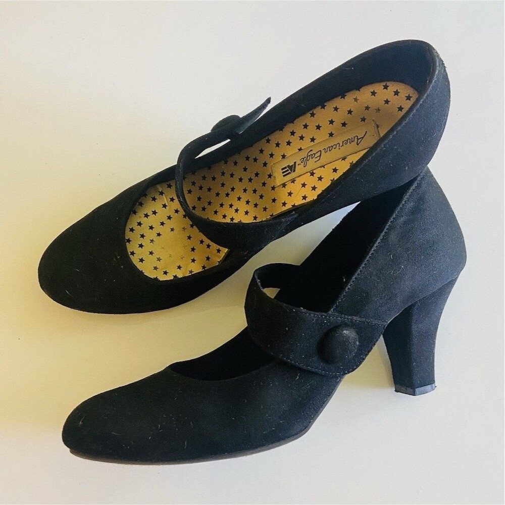 American Eagle Outfitters Black Suede Button Heel Pumps 8 Womens Dress Shoes